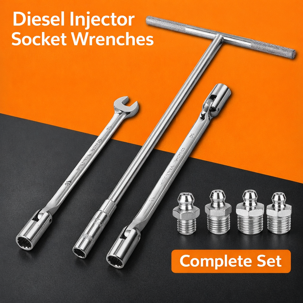 Diesel Injector Socket Wrench Set with Pivoting Heads & 10mm Open-End Spanner (M8–M12 Fuel Line Tool Kit)