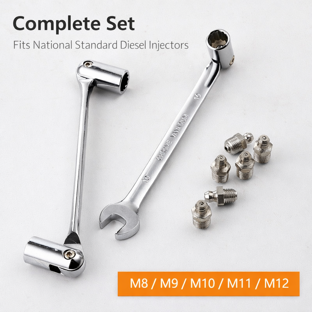 Diesel Injector Socket Wrench Set with Pivoting Heads & 10mm Open-End Spanner (M8–M12 Fuel Line Tool Kit) - Image 5